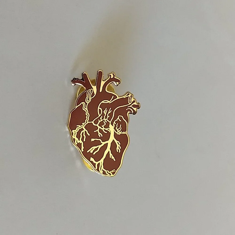Anatomical Heart Enamel Pin Red Gold Tone Double Pin Back Goth Whimsigoth Modern